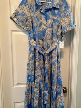 1. State Blue Maxi Dress with Cream Botanical Print and Belted Waist